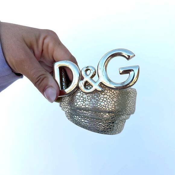 Vintage Y2K Dolce & Gabbana D&G Buckle Metallic Gold Leather Logo Belt Small - Picture 2 of 9